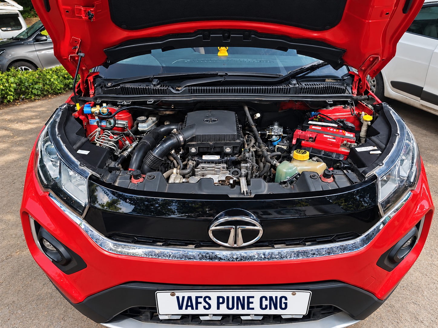 VAFS CNG conversion engine-bay installation on a Tata vehicle